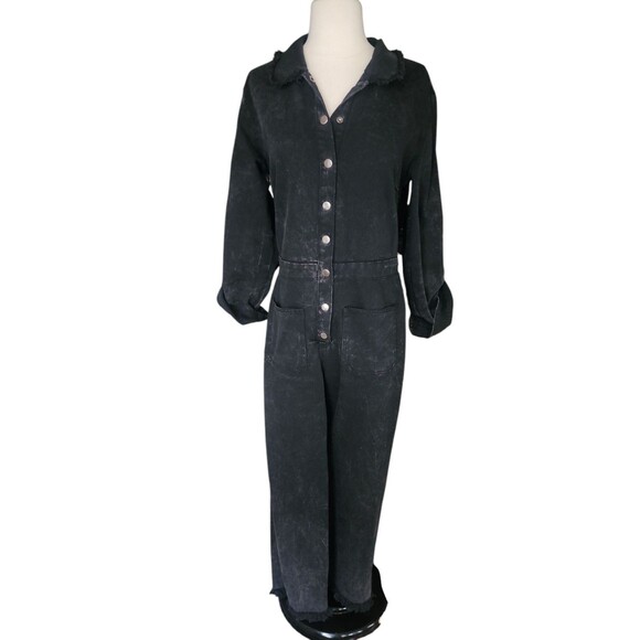 Umgee Denim Punk Thrashed Roll Tab Jumpsuit Womens Medium Black Mechanic Raw Hem - Picture 1 of 11